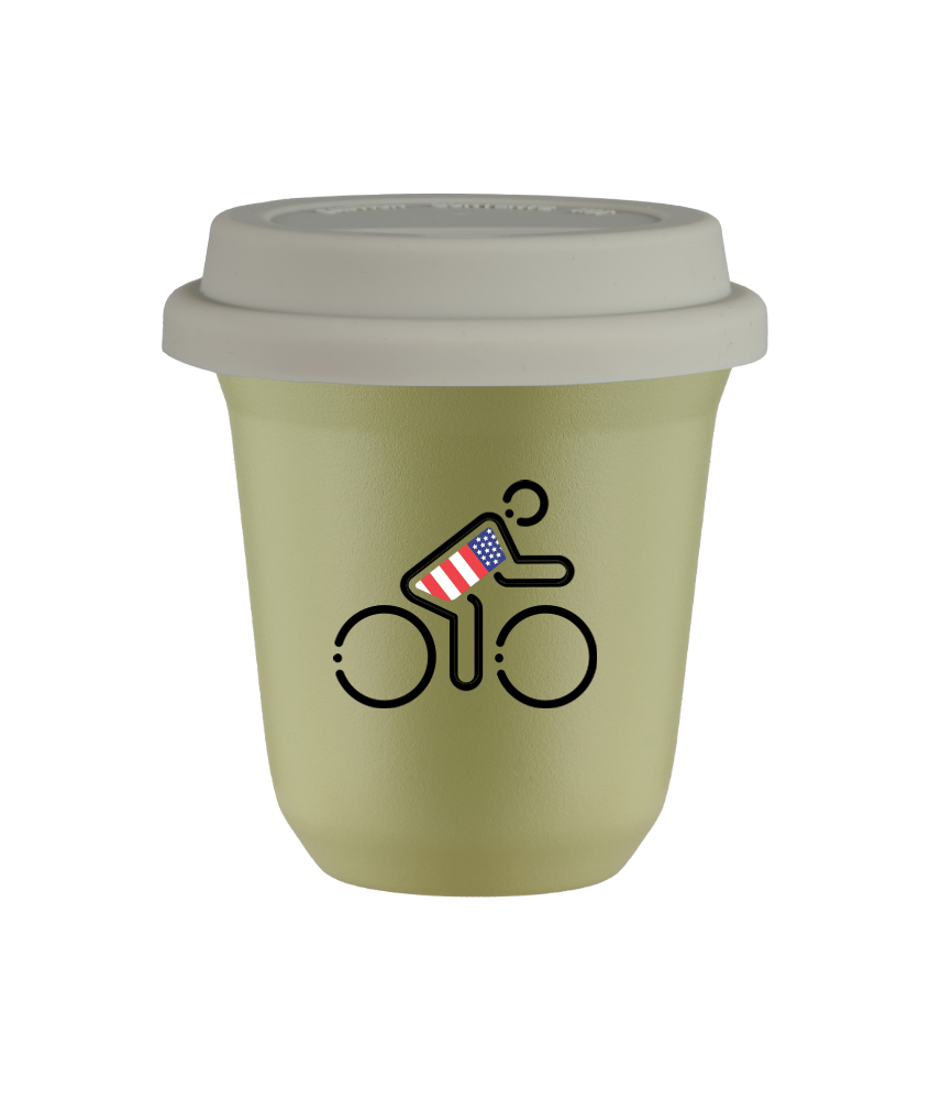 Tasse 150 ml PISTACHE "Cycliste aux couleurs britanniques (noir)", avec couvercle blanc