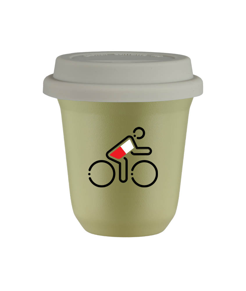 Tasse 150 ml PISTACHE "Cycliste aux couleurs polonaises", avec couvercle blanc