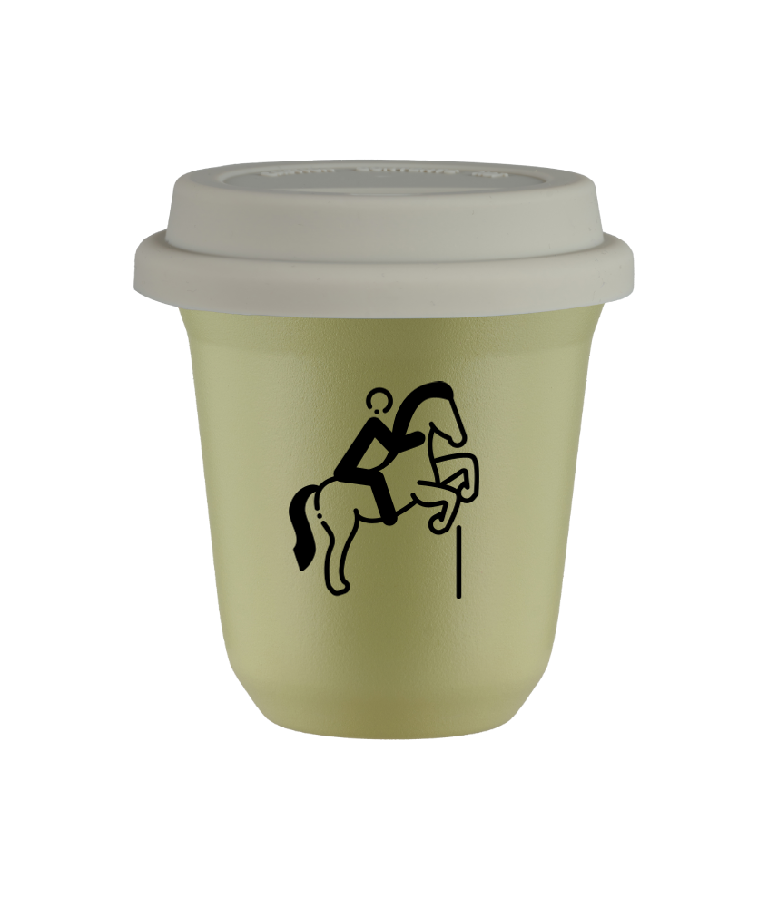 Tasse 150 ml PISTACHE "Équitation 1", avec couvercle blanc