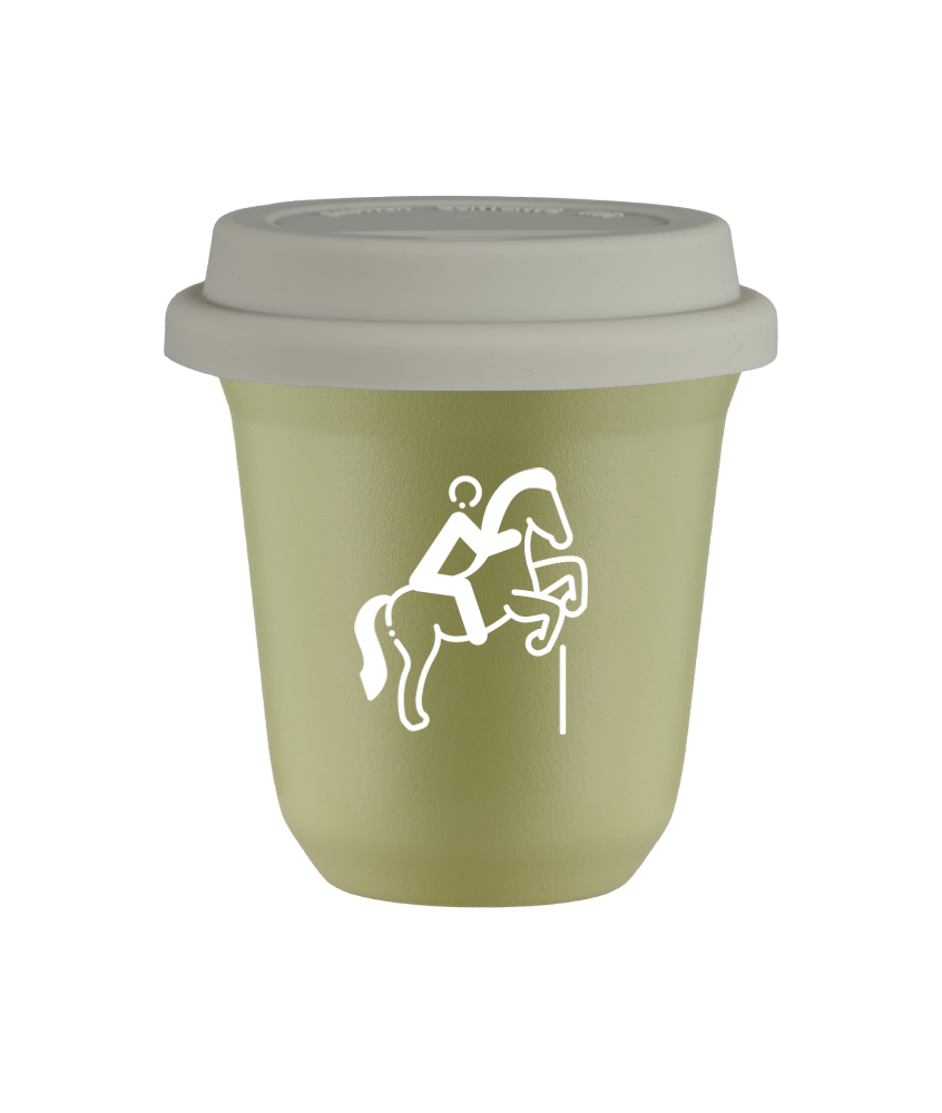 Tasse 150 ml PISTACHE "Équitation 1 (blanc)", avec couvercle blanc