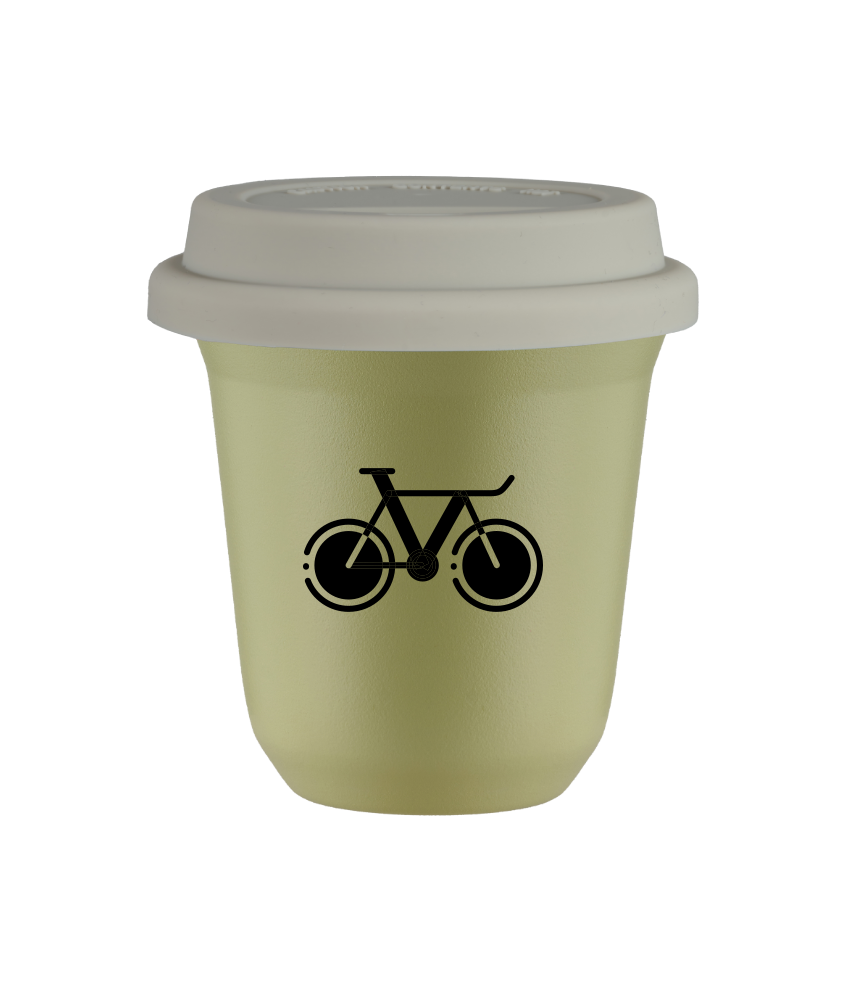 Tasse 150 ml PISTACHE "Vélo 1 (noir)", avec couvercle blanc