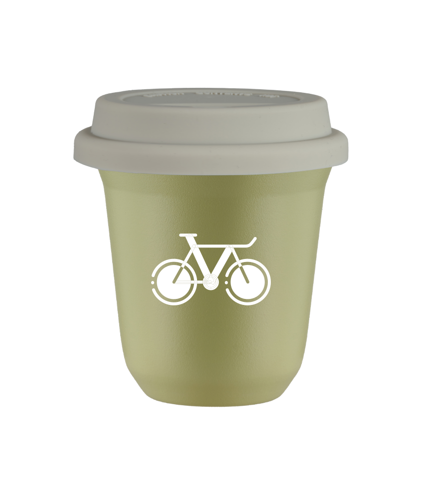 Tasse 150 ml PISTACHE "Vélo 1 (blanc)", avec couvercle blanc Tasse 150 ml PISTACHE "Vélo 1 (blanc)", avec couvercle blanc