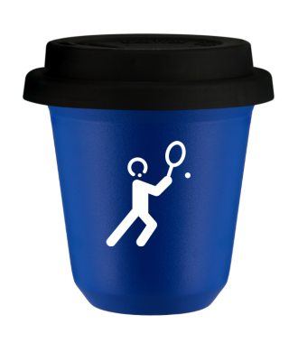 Tasse 150 ml BLEU "Tennis 1 (blanc)", avec couvercle noir Tasse 150 ml BLEU "Tennis 1 (blanc)", avec couvercle noir