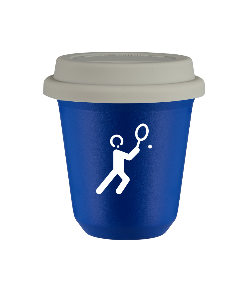 Tasse 150 ml BLEU "Tennis 1 (blanc)", avec couvercle blanc