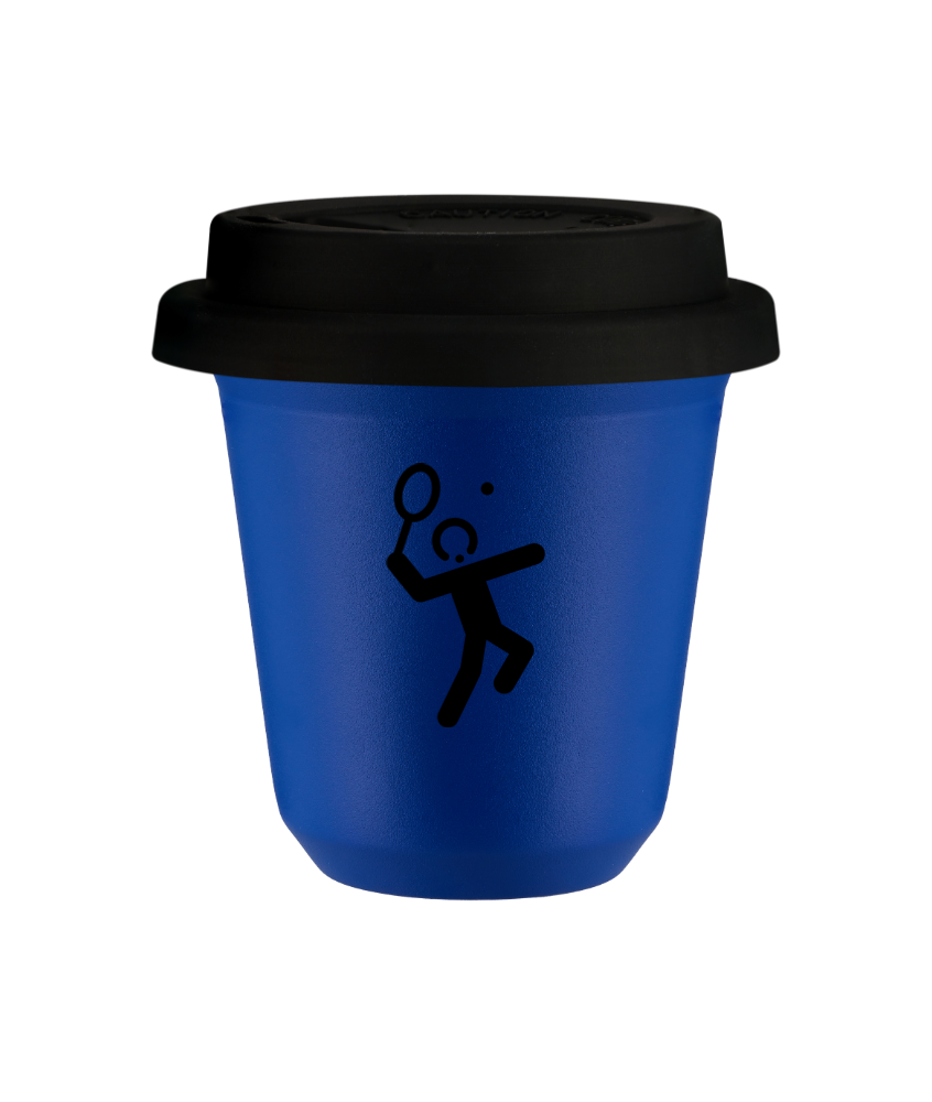 Tasse 150 ml BLEU "Tennis 2 (noir)", avec couvercle noir