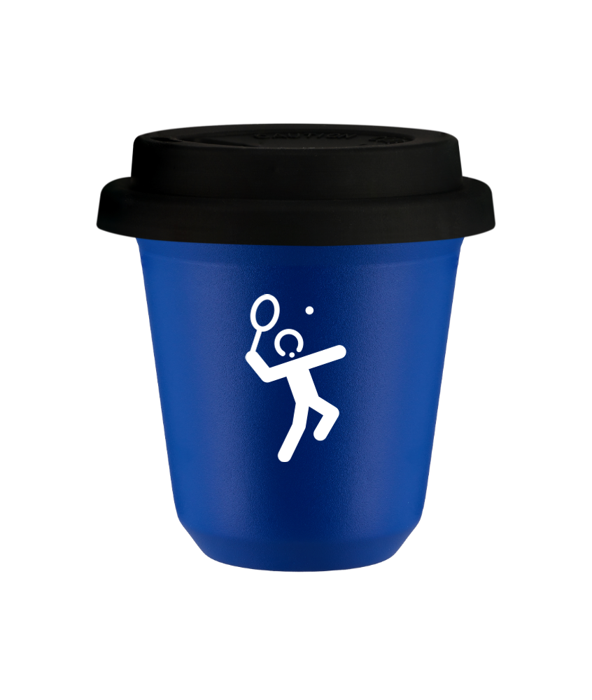Tasse 150 ml BLEU "Tennis 2 (blanc)", avec couvercle noir